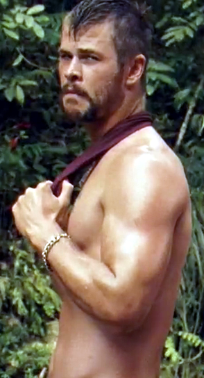 chris hemsworth,sexy beast,muscular,oil,strong,arms,a perfect getaway,bandanna,facial hair,scruff,macho,machismo,virile,masculine,manly,aussie,australia,dangerous,attractive