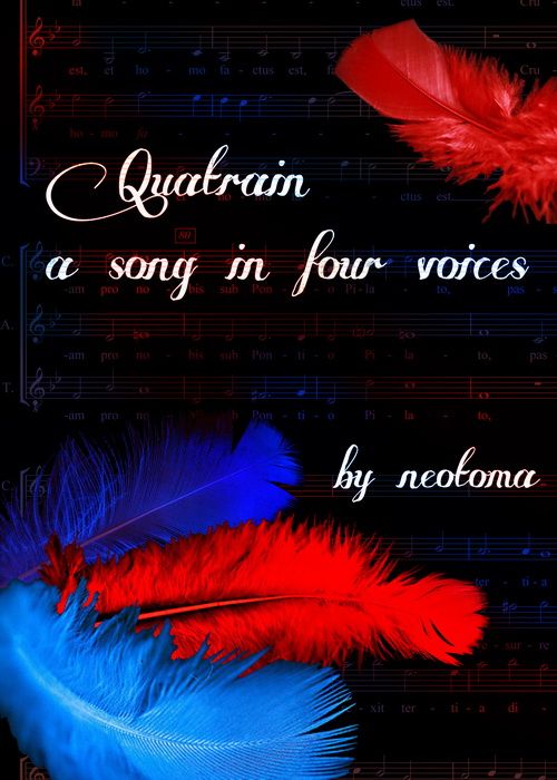 Quatrain cover image, blue and red feathers, sheet music in the background