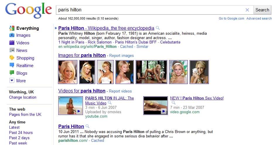 SEO Videos beat paris hilton homepage in Google serps