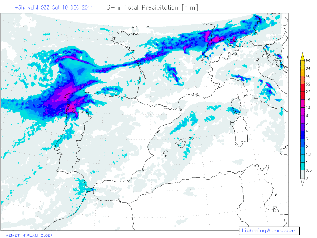 Lluvias previstas según el modelo HIRLAM 00 UTC