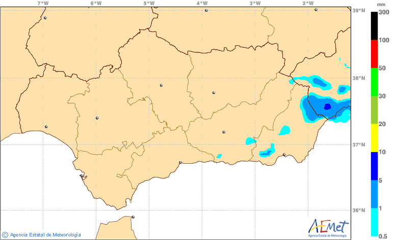 HIRLAM 00 UTC, previsión de lluvias en Andalucía