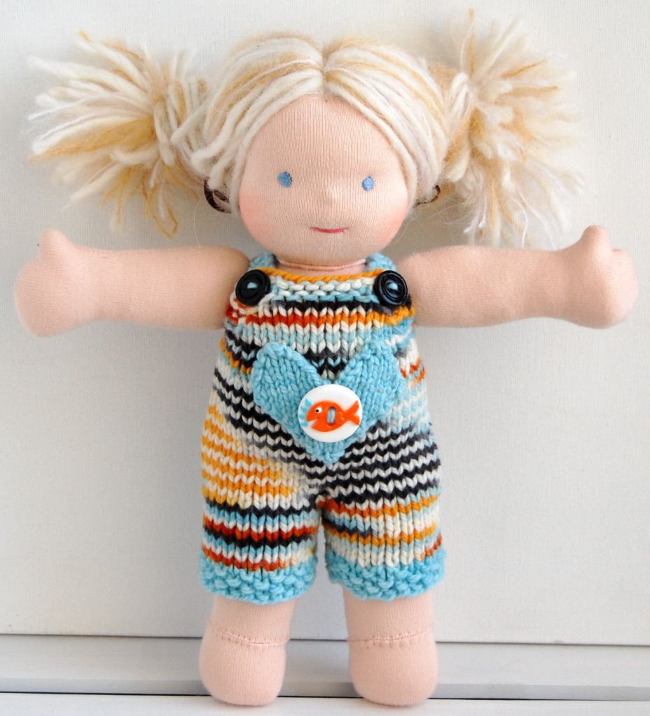 Hand-knit 10" Doll Board Short Overalls - Fish in Bags