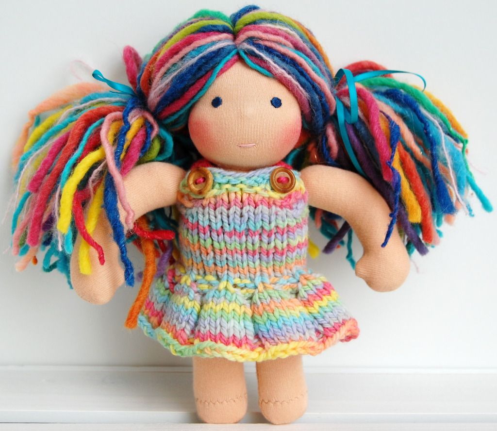 Hand-knit 7" Doll Skirty Overalls - Mystical Rainbow