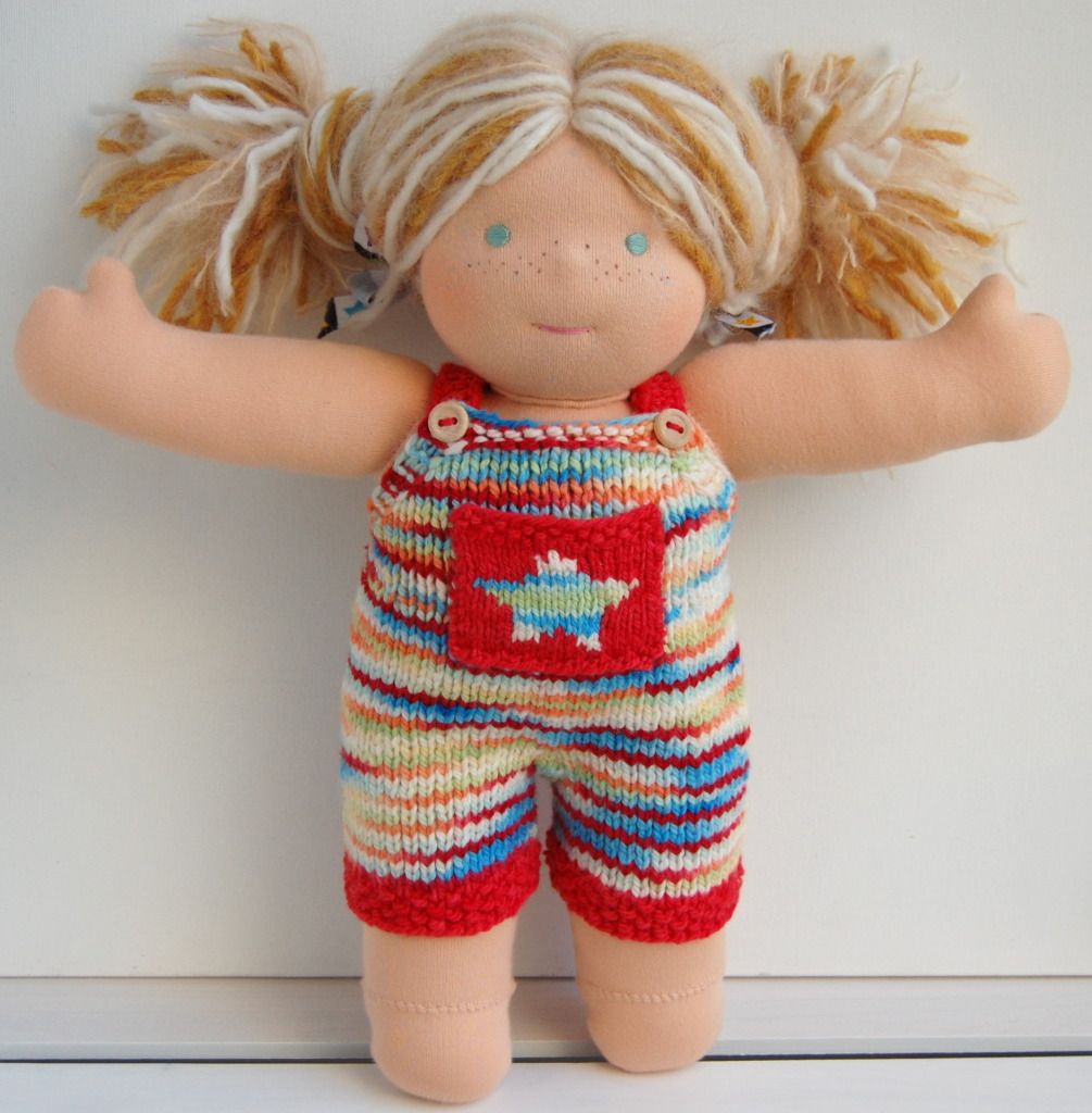 Hand-knit 15" Doll Board Short Overalls - Parasail