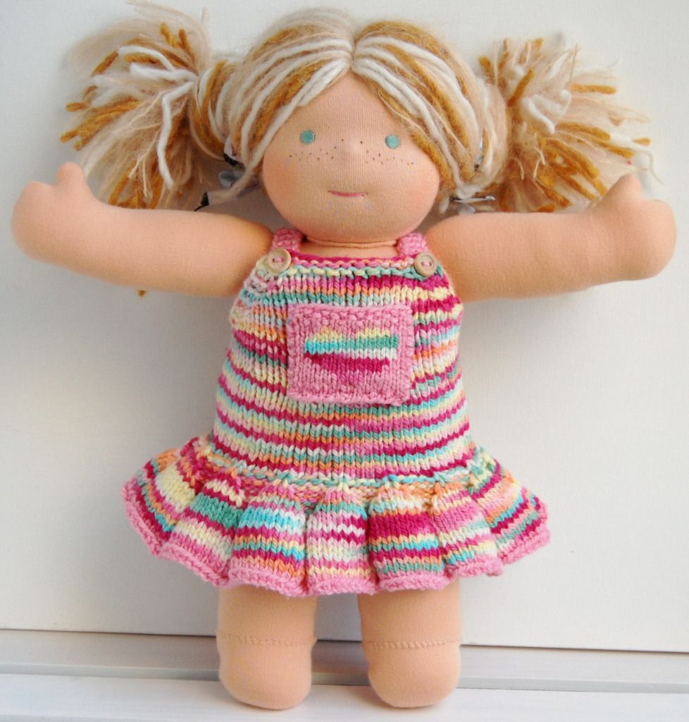 Hand-knit 15" Doll Skirty Overalls - Popsicle